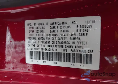 2017 Honda Accord Ex-L V6 from USA, damaged, VIN 1HGCT2B82HA002214